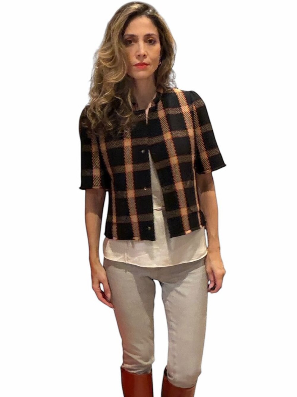 Akris punto Black Beige Orange Plaid Jacket